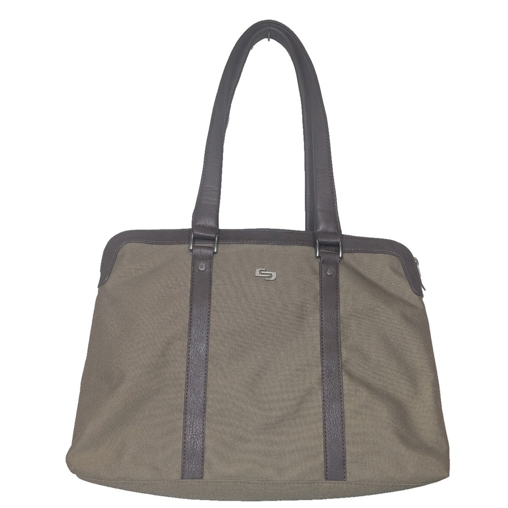 Solo Nylon Tote Bag Brown Taupe Leather Trim Laptop Travel Shoulder Purse VTG